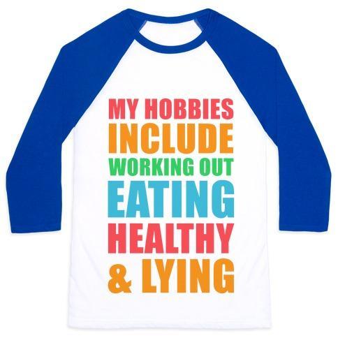 Virgin Teez  Baseball Tee Unisex Classic Baseball Tee / x-small / White/Blue MY HOBBIES INCLUDE WORKING OUT EATING HEALTHY AND LYING UNISEX CLASSIC BASEBALL TEE