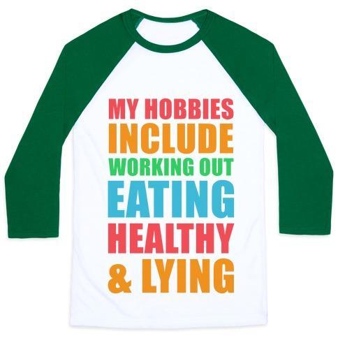 Virgin Teez  Baseball Tee Unisex Classic Baseball Tee / x-small / White/Dark Green MY HOBBIES INCLUDE WORKING OUT EATING HEALTHY AND LYING UNISEX CLASSIC BASEBALL TEE