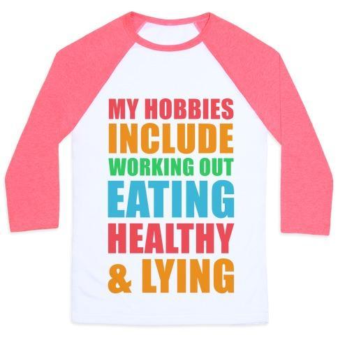 Virgin Teez  Baseball Tee Unisex Classic Baseball Tee / x-small / White/Neon Pink MY HOBBIES INCLUDE WORKING OUT EATING HEALTHY AND LYING UNISEX CLASSIC BASEBALL TEE