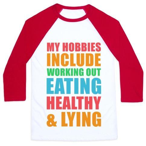 Virgin Teez  Baseball Tee Unisex Classic Baseball Tee / x-small / White/Red MY HOBBIES INCLUDE WORKING OUT EATING HEALTHY AND LYING UNISEX CLASSIC BASEBALL TEE