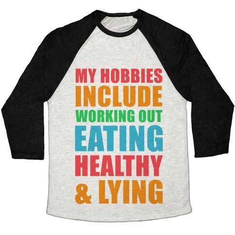 Virgin Teez  Baseball Tee Unisex Tri-Blend Baseball Tee / small / Oatmeal / Black MY HOBBIES INCLUDE WORKING OUT EATING HEALTHY AND LYING UNISEX TRI-BLEND BASEBALL TEE