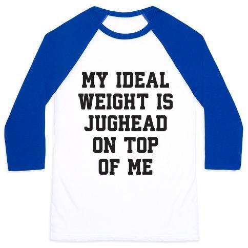 Virgin Teez  Baseball Tee Unisex Classic Baseball Tee / x-small / White/Blue MY IDEAL WEIGHT IS JUGHEAD ON TOP OF ME UNISEX CLASSIC BASEBALL TEE