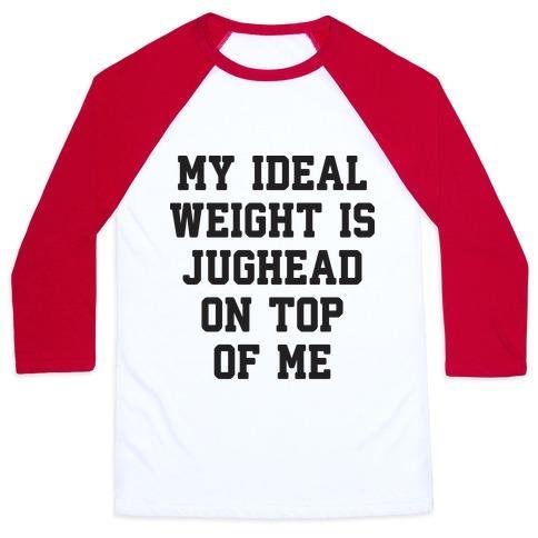 Virgin Teez  Baseball Tee Unisex Classic Baseball Tee / x-small / White/Red MY IDEAL WEIGHT IS JUGHEAD ON TOP OF ME UNISEX CLASSIC BASEBALL TEE