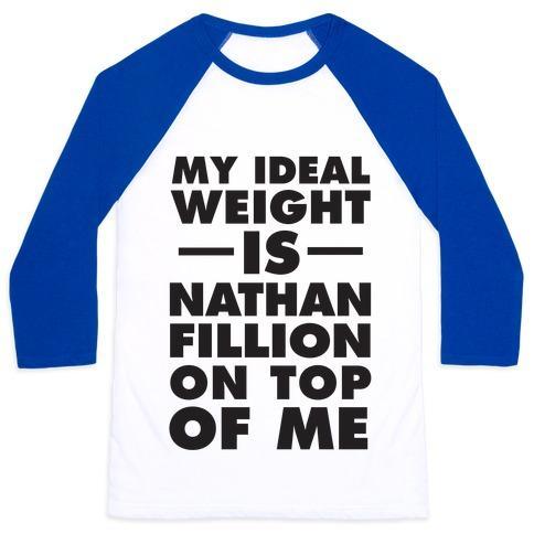 Virgin Teez  Baseball Tee Unisex Classic Baseball Tee / x-small / White/Blue MY IDEAL WEIGHT IS NATHAN FILLION ON TOP OF ME UNISEX CLASSIC BASEBALL TEE