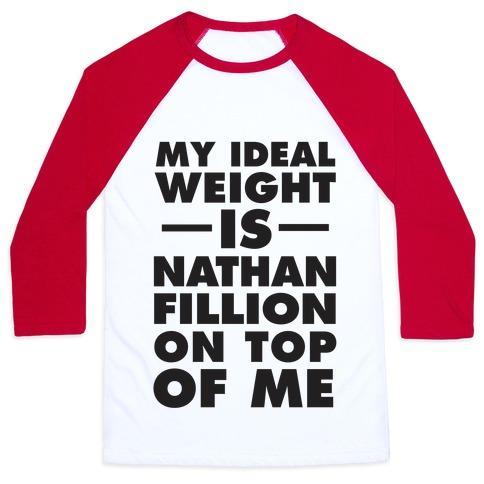 Virgin Teez  Baseball Tee Unisex Classic Baseball Tee / x-small / White/Red MY IDEAL WEIGHT IS NATHAN FILLION ON TOP OF ME UNISEX CLASSIC BASEBALL TEE