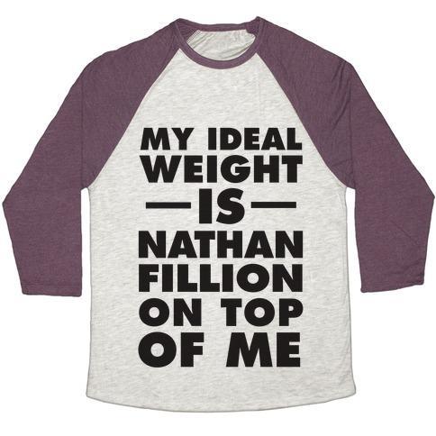 Virgin Teez  Baseball Tee Unisex Tri-Blend Baseball Tee / small / Oatmeal / Maroon MY IDEAL WEIGHT IS NATHAN FILLION ON TOP OF ME UNISEX TRI-BLEND BASEBALL TEE