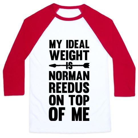 Virgin Teez  Baseball Tee Unisex Classic Baseball Tee / x-small / White/Red MY IDEAL WEIGHT IS NORMAN REEDUS ON TOP OF ME UNISEX CLASSIC BASEBALL TEE