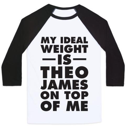 Virgin Teez  Baseball Tee Unisex Classic Baseball Tee / x-small / White/Black MY IDEAL WEIGHT IS THEO JAMES ON TOP OF ME UNISEX CLASSIC BASEBALL TEE