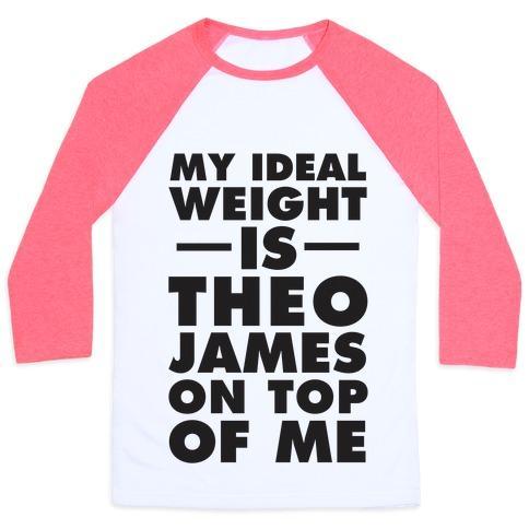 Virgin Teez  Baseball Tee Unisex Classic Baseball Tee / x-small / White/Neon Pink MY IDEAL WEIGHT IS THEO JAMES ON TOP OF ME UNISEX CLASSIC BASEBALL TEE