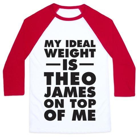 Virgin Teez  Baseball Tee Unisex Classic Baseball Tee / x-small / White/Red MY IDEAL WEIGHT IS THEO JAMES ON TOP OF ME UNISEX CLASSIC BASEBALL TEE
