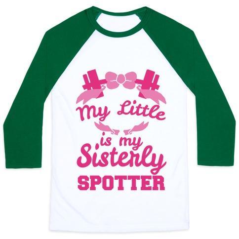 Virgin Teez  Baseball Tee Unisex Classic Baseball Tee / x-small / White/Dark Green MY LITTLE IS MY SISTERLY SPOTTER UNISEX CLASSIC BASEBALL TEE