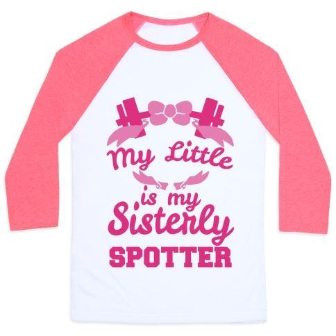 Virgin Teez  Baseball Tee Unisex Classic Baseball Tee / x-small / White/Neon Pink MY LITTLE IS MY SISTERLY SPOTTER UNISEX CLASSIC BASEBALL TEE