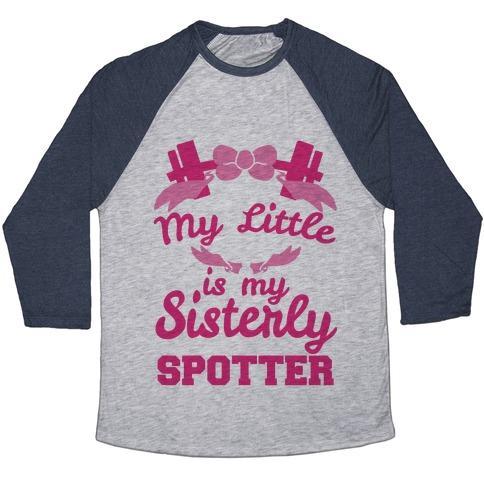 Virgin Teez  Baseball Tee Unisex Tri-Blend Baseball Tee / small / Athletic Gray / Navy MY LITTLE IS MY SISTERLY SPOTTER UNISEX TRI-BLEND BASEBALL TEE
