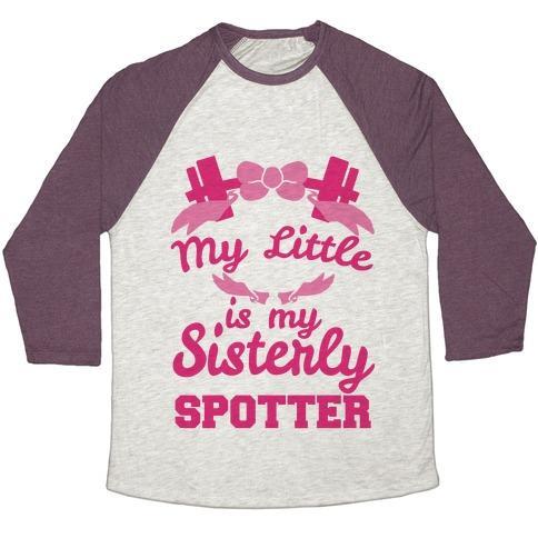Virgin Teez  Baseball Tee Unisex Tri-Blend Baseball Tee / small / Oatmeal / Maroon MY LITTLE IS MY SISTERLY SPOTTER UNISEX TRI-BLEND BASEBALL TEE