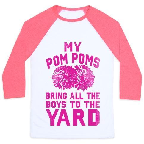 Virgin Teez  Baseball Tee Unisex Classic Baseball Tee / x-small / White/Neon Pink MY POM POMS BRING ALL THE BOYS TO THE YARD! UNISEX CLASSIC BASEBALL TEE
