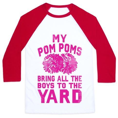 Virgin Teez  Baseball Tee Unisex Classic Baseball Tee / x-small / White/Red MY POM POMS BRING ALL THE BOYS TO THE YARD! UNISEX CLASSIC BASEBALL TEE