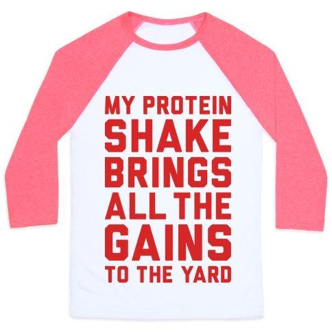 Virgin Teez  Baseball Tee Unisex Classic Baseball Tee / x-small / White/Neon Pink MY PROTEIN SHAKE BRINGS ALL THE GAINS TO THE YARD UNISEX CLASSIC BASEBALL TEE