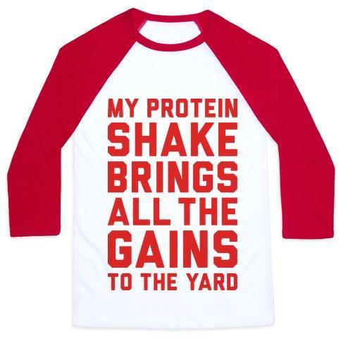 Virgin Teez  Baseball Tee Unisex Classic Baseball Tee / x-small / White/Red MY PROTEIN SHAKE BRINGS ALL THE GAINS TO THE YARD UNISEX CLASSIC BASEBALL TEE
