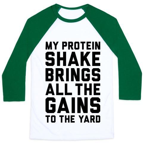 Virgin Teez  Baseball Tee Unisex Classic Baseball Tee / x-small / White/Dark Green MY PROTEIN SHAKE BRINGS ALL THE GAINS TO THE YARD UNISEX CLASSIC BASEBALL TEE