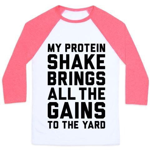 Virgin Teez  Baseball Tee Unisex Classic Baseball Tee / x-small / White/Neon Pink MY PROTEIN SHAKE BRINGS ALL THE GAINS TO THE YARD UNISEX CLASSIC BASEBALL TEE