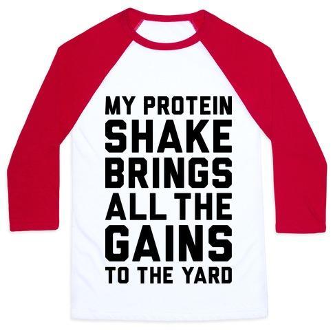 Virgin Teez  Baseball Tee Unisex Classic Baseball Tee / x-small / White/Red MY PROTEIN SHAKE BRINGS ALL THE GAINS TO THE YARD UNISEX CLASSIC BASEBALL TEE