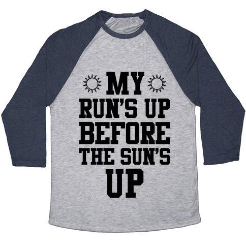 Virgin Teez  Baseball Tee Unisex Tri-Blend Baseball Tee / small / Athletic Gray / Navy MY RUN'S UP BEFORE THE SUN'S UP UNISEX TRI-BLEND BASEBALL TEE