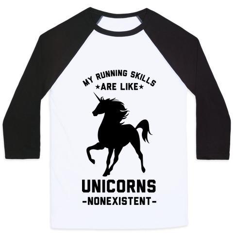 Virgin Teez  Baseball Tee Unisex Classic Baseball Tee / x-small / White/Black MY RUNNING SKILLS ARE LIKE UNICORNS NONEXISTENT UNISEX CLASSIC BASEBALL TEE