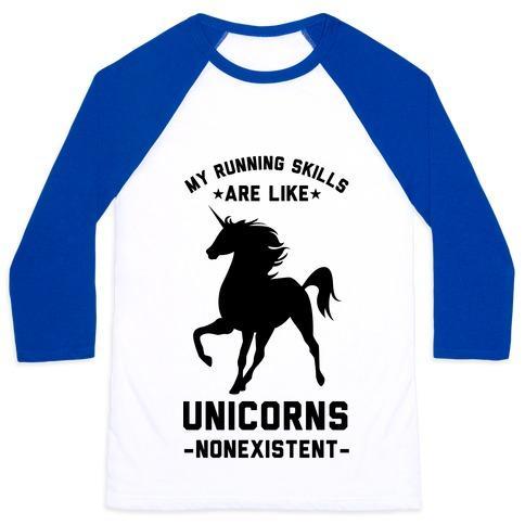 Virgin Teez  Baseball Tee Unisex Classic Baseball Tee / x-small / White/Blue MY RUNNING SKILLS ARE LIKE UNICORNS NONEXISTENT UNISEX CLASSIC BASEBALL TEE
