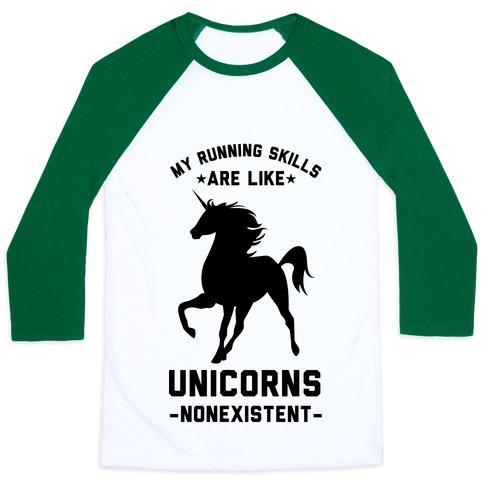 Virgin Teez  Baseball Tee Unisex Classic Baseball Tee / x-small / White/Dark Green MY RUNNING SKILLS ARE LIKE UNICORNS NONEXISTENT UNISEX CLASSIC BASEBALL TEE
