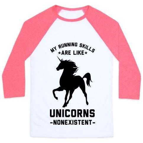 Virgin Teez  Baseball Tee Unisex Classic Baseball Tee / x-small / White/Neon Pink MY RUNNING SKILLS ARE LIKE UNICORNS NONEXISTENT UNISEX CLASSIC BASEBALL TEE