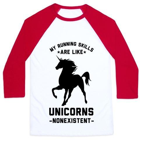 Virgin Teez  Baseball Tee Unisex Classic Baseball Tee / x-small / White/Red MY RUNNING SKILLS ARE LIKE UNICORNS NONEXISTENT UNISEX CLASSIC BASEBALL TEE