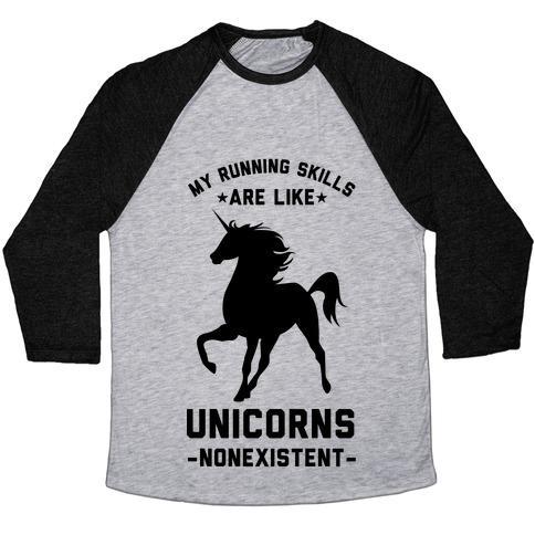 Virgin Teez  Baseball Tee Unisex Tri-Blend Baseball Tee / small / Athletic Gray / Black MY RUNNING SKILLS ARE LIKE UNICORNS NONEXISTENT UNISEX TRI-BLEND BASEBALL TEE