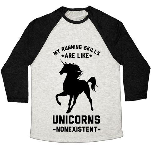 Virgin Teez  Baseball Tee Unisex Tri-Blend Baseball Tee / small / Oatmeal / Black MY RUNNING SKILLS ARE LIKE UNICORNS NONEXISTENT UNISEX TRI-BLEND BASEBALL TEE