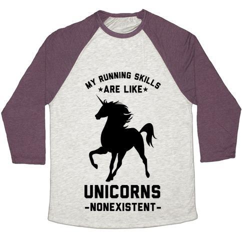 Virgin Teez  Baseball Tee Unisex Tri-Blend Baseball Tee / small / Oatmeal / Maroon MY RUNNING SKILLS ARE LIKE UNICORNS NONEXISTENT UNISEX TRI-BLEND BASEBALL TEE