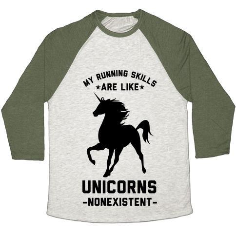 Virgin Teez  Baseball Tee Unisex Tri-Blend Baseball Tee / small / Oatmeal / Moss MY RUNNING SKILLS ARE LIKE UNICORNS NONEXISTENT UNISEX TRI-BLEND BASEBALL TEE