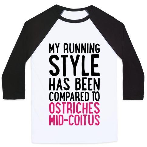 Virgin Teez  Baseball Tee Unisex Classic Baseball Tee / x-small / White/Black MY RUNNING STYLE HAS BEEN COMPARED TO OSTRICHES MID-COITUS UNISEX CLASSIC BASEBALL TEE