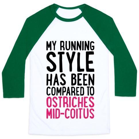 Virgin Teez  Baseball Tee Unisex Classic Baseball Tee / x-small / White/Dark Green MY RUNNING STYLE HAS BEEN COMPARED TO OSTRICHES MID-COITUS UNISEX CLASSIC BASEBALL TEE