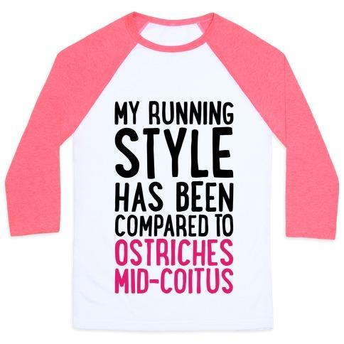 Virgin Teez  Baseball Tee Unisex Classic Baseball Tee / x-small / White/Neon Pink MY RUNNING STYLE HAS BEEN COMPARED TO OSTRICHES MID-COITUS UNISEX CLASSIC BASEBALL TEE