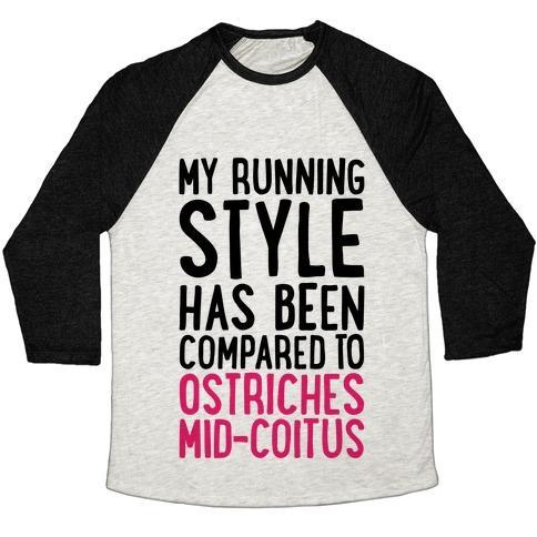 Virgin Teez  Baseball Tee Unisex Tri-Blend Baseball Tee / small / Oatmeal / Black MY RUNNING STYLE HAS BEEN COMPARED TO OSTRICHES MID-COITUS UNISEX TRI-BLEND BASEBALL TEE