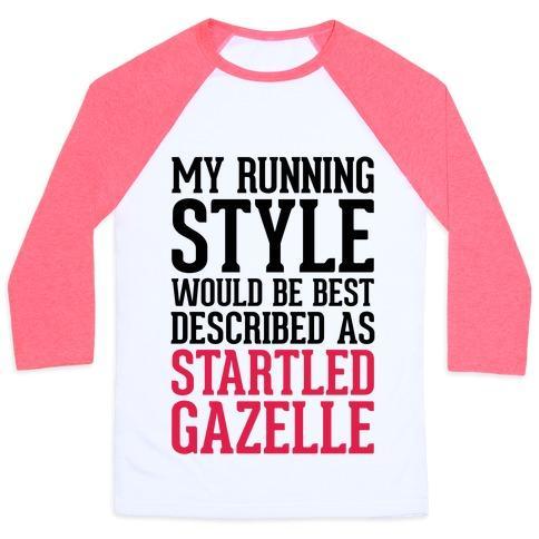 Virgin Teez  Baseball Tee Unisex Classic Baseball Tee / x-small / White/Neon Pink MY RUNNING STYLE WOULD BE BEST DESCRIBED AS STARTLED GAZELLE UNISEX CLASSIC BASEBALL TEE