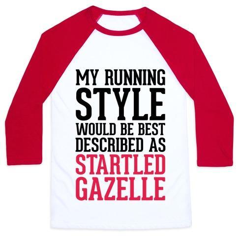 Virgin Teez  Baseball Tee Unisex Classic Baseball Tee / x-small / White/Red MY RUNNING STYLE WOULD BE BEST DESCRIBED AS STARTLED GAZELLE UNISEX CLASSIC BASEBALL TEE