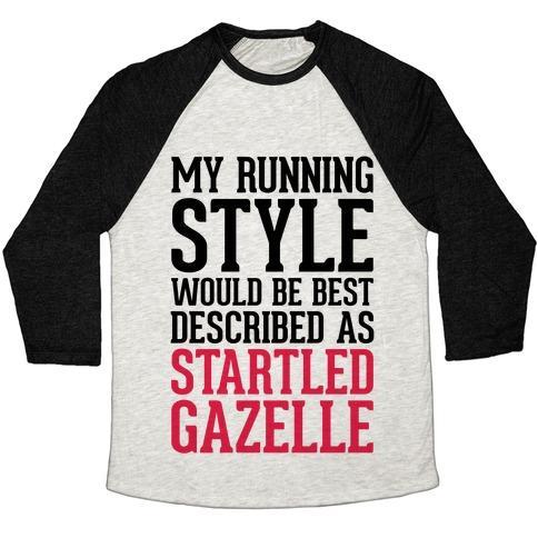 Virgin Teez  Baseball Tee Unisex Tri-Blend Baseball Tee / small / Oatmeal / Black MY RUNNING STYLE WOULD BE BEST DESCRIBED AS STARTLED GAZELLE UNISEX TRI-BLEND BASEBALL TEE
