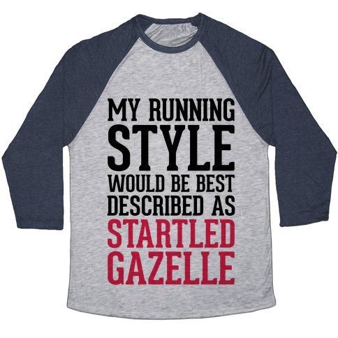 Virgin Teez  Baseball Tee Unisex Tri-Blend Baseball Tee / small / Athletic Gray / Navy MY RUNNING STYLE WOULD BE BEST DESCRIBED AS STARTLED GAZELLE UNISEX TRI-BLEND BASEBALL TEE