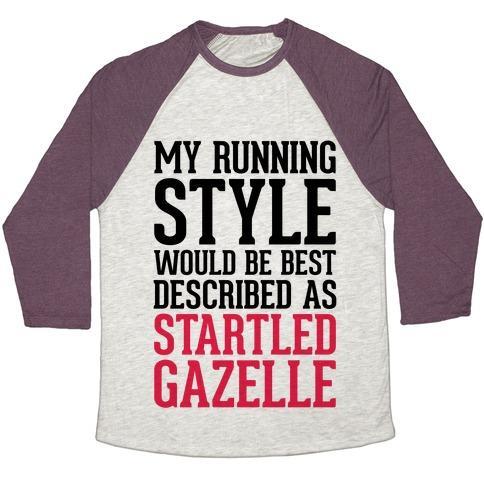 Virgin Teez  Baseball Tee Unisex Tri-Blend Baseball Tee / small / Oatmeal / Maroon MY RUNNING STYLE WOULD BE BEST DESCRIBED AS STARTLED GAZELLE UNISEX TRI-BLEND BASEBALL TEE