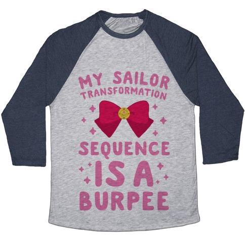 Virgin Teez  Baseball Tee Unisex Tri-Blend Baseball Tee / small / Athletic Gray / Navy MY SAILOR TRANSFORMATION SEQUENCE IS A BURPEE UNISEX TRI-BLEND BASEBALL TEE