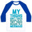 Virgin Teez  Baseball Tee Unisex Classic Baseball Tee / x-small / White/Blue MY THIGHS DON'T TOUCH BECAUSE I'M FAT UNISEX CLASSIC BASEBALL TEE
