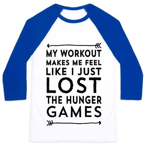 Virgin Teez  Baseball Tee Unisex Classic Baseball Tee / x-small / White/Blue MY WORKOUT MAKES ME FEEL LIKE I JUST LOST THE HUNGER GAMES UNISEX CLASSIC BASEBALL TEE