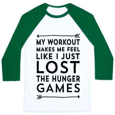 Virgin Teez  Baseball Tee Unisex Classic Baseball Tee / x-small / White/Dark Green MY WORKOUT MAKES ME FEEL LIKE I JUST LOST THE HUNGER GAMES UNISEX CLASSIC BASEBALL TEE