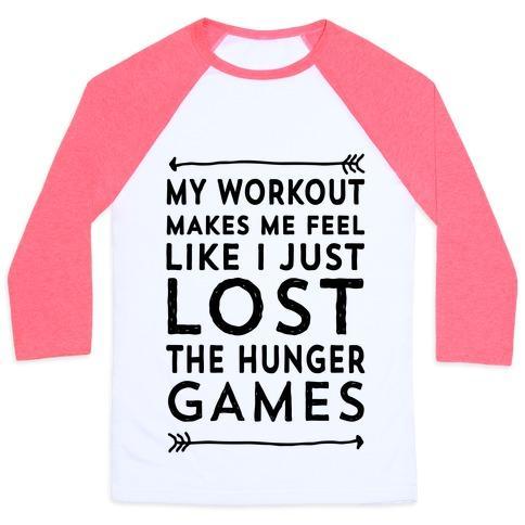 Virgin Teez  Baseball Tee Unisex Classic Baseball Tee / x-small / White/Neon Pink MY WORKOUT MAKES ME FEEL LIKE I JUST LOST THE HUNGER GAMES UNISEX CLASSIC BASEBALL TEE