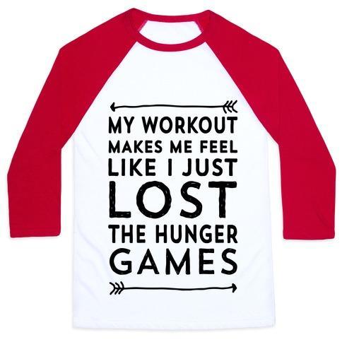 Virgin Teez  Baseball Tee Unisex Classic Baseball Tee / x-small / White/Red MY WORKOUT MAKES ME FEEL LIKE I JUST LOST THE HUNGER GAMES UNISEX CLASSIC BASEBALL TEE
